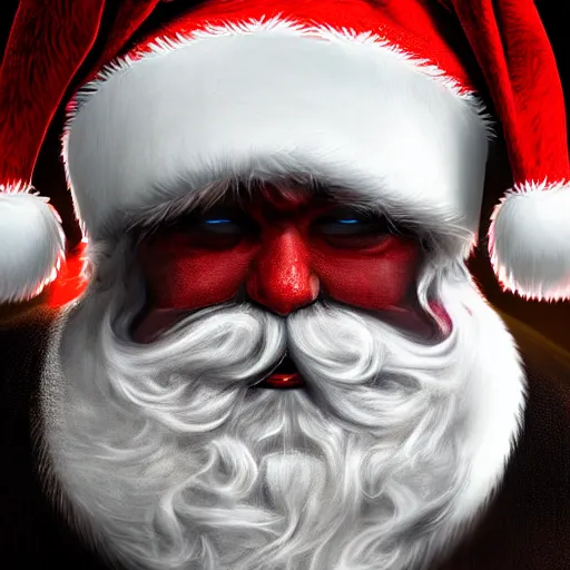 Prompt: a sinister portrait of evil Santa Claus, digital art, highly detailed, trending on artstationhq