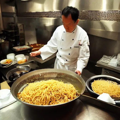 Prompt: Inside a traditional Chinese restaurant, with the chef preparing lots of yakisoba in a giant pot