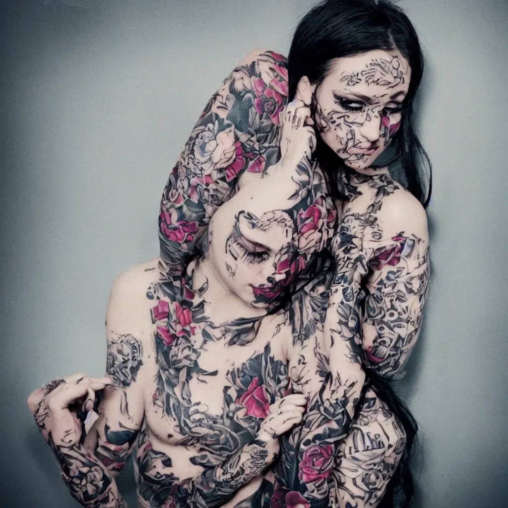 Prompt: a award winning photography of a tattooed girl, cute, cinematic