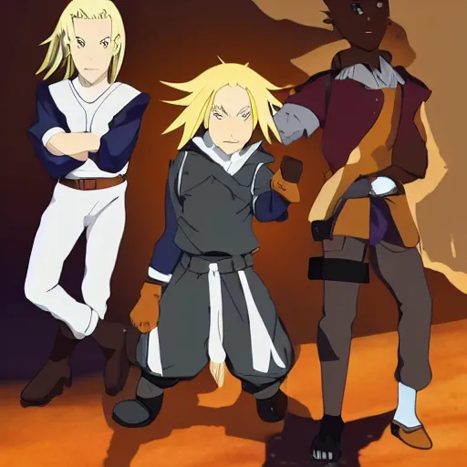 Image similar to young blonde boy fantasy thief in a tavern surrounded by dark skinned friends and light skinned friends, full metal alchemist, anime style