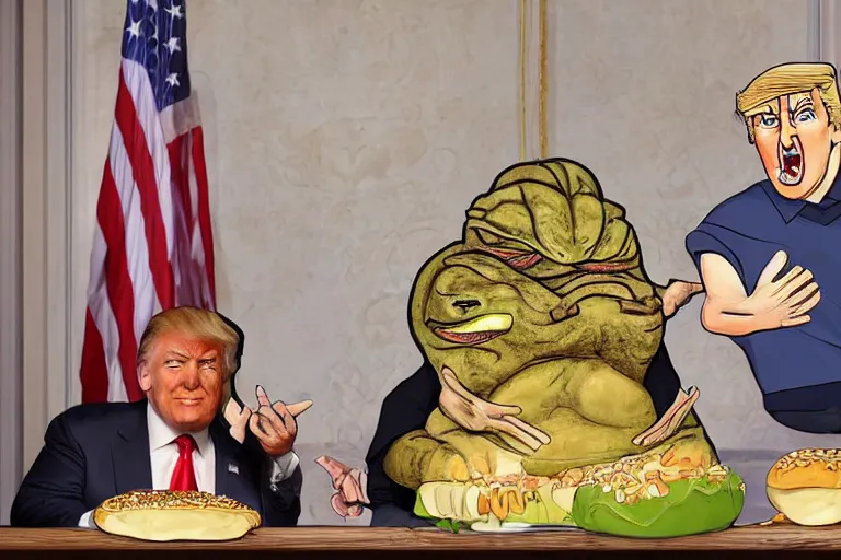 Prompt: Donald Trump as jabba the hutt, aghast, eating a cheeseburger as jabba the hutt. Inside his Mar-a-Lago home, raided by many federal agents, raided by feds, panic, Highly detailed, Cinematic, balanced, photorealistic, 4k, Realistic, detailed.