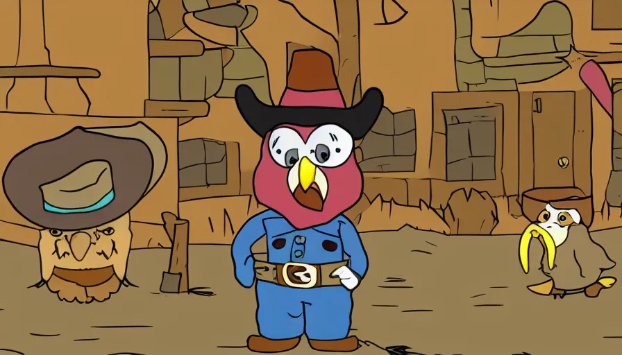 Image similar to 2000s cartoon show screenshot about a gunslinging owl from the wild west, wearing a cowboy hat an eye mask, standing in an old west town the animated show, in the style of cowboys of moo mesa