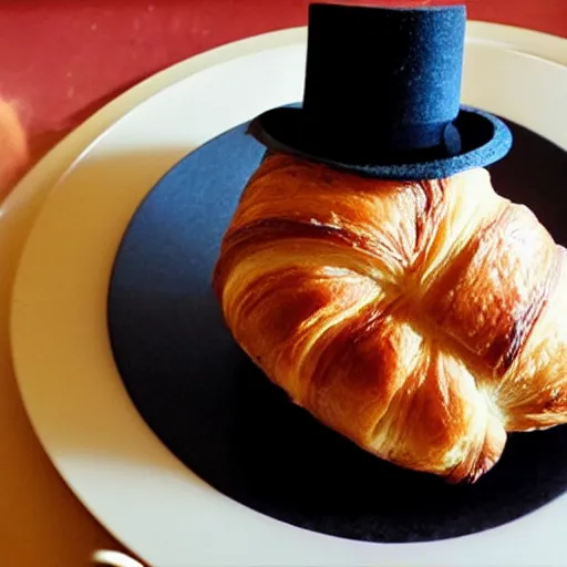 Image similar to croissant with a top hat and a mustache