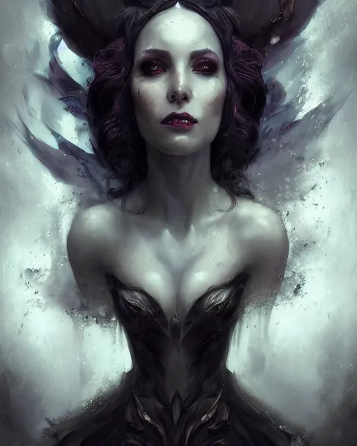 Image similar to bastien lecouffe deharme and wlop detailed portrait digital rococo painting of a beautiful serious villainess wearing fantasy clothing like liliana vess, villainess has black angel wings, evil mood, hellish battlefield in the background, unreal engine, embers flying, hyper realism, realistic shading, cinematic composition, blender render, octane render, ultrawide shot