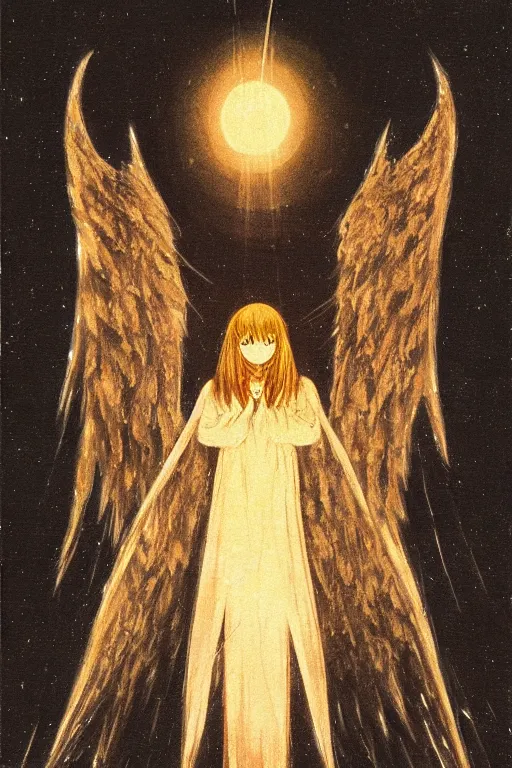 Image similar to angel of death smiling in the dark night, art by takeshi ohbata