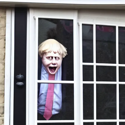 Prompt: window blinds in a house being pulled back to reveal a terrifying boris johnson with his face pressed against the window with his hand on the window and a horrifying grin. horror, black and white