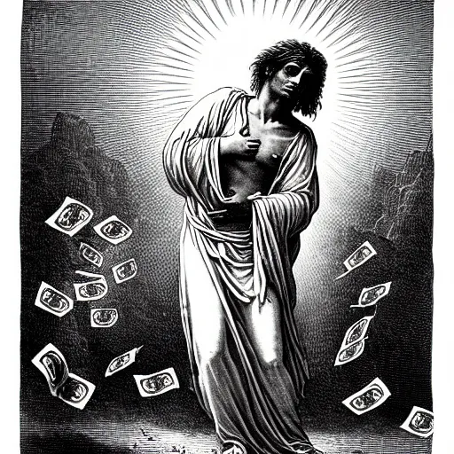 Image similar to lucki rapper ascending into heaven holding stacks of cash, biblical image, style of gustave dore, highly detailed, beautiful, high contrast, black and white