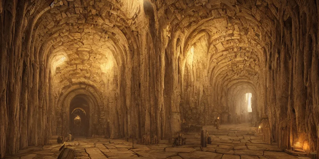 Prompt: The Great Hall of Moria underground city by John Howe, gigantic pillars, sconces, intricate details, intricate stone carvings, Tolkien, unreal engine, octane render, trending on cgsociety, trending on artstation, epic, grandiose, awe inspiring, dwarven architecture, inlaid with gold