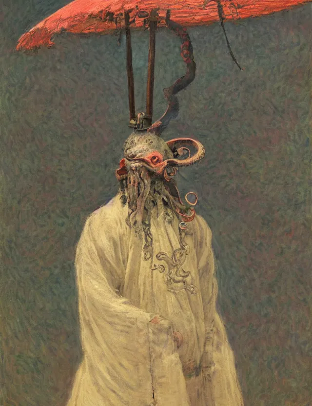 Image similar to a magical fantastic non human samurai with a octopus mask by jeremy lipkin, by claude monet, made with millions of stroke, japanese inspiration, wonderful details, crazy colors 1 0 %, pale sober colors 9 0 %