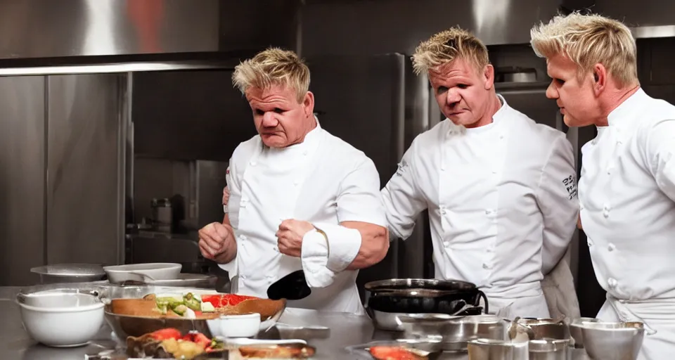 Image similar to photo of angry furious Gordon Ramsay punching Gordon Ramsay at the kitchen