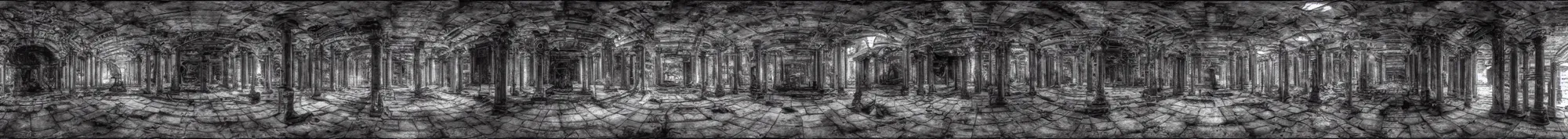 Image similar to photo of an immersive forgotten panopticon well, with columns and destroyed cybernetics from an ancient civilization, photorealistic, higly detailed dark, 3 6 0 picture, panorama, 3 5 mm slide, trending on flickr, in the style of francesca woodman, zachary corzine, zhelong xu, greg rutkowski and anders zorn