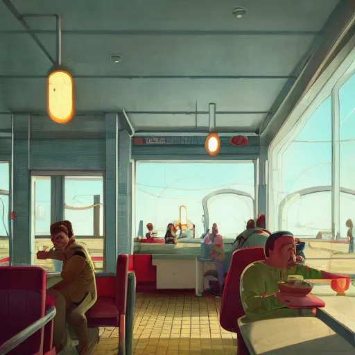 Image similar to inside diner at the beach by simon stalenhag
