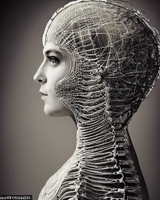 Image similar to a woman's face in profile, wearing a space helmet made of intricate delicate seaweed skeleton, in the style of the dutch masters and gregory crewdson, dark and moody