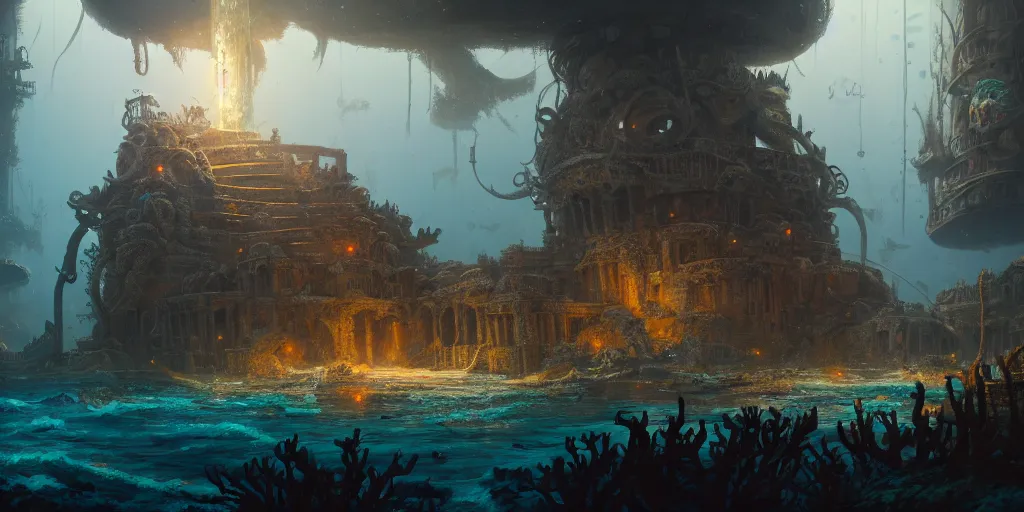 Prompt: a highly detailed artstation concept art 8 k render of lost city under deep sea, james paick, greg rutkowski, sunken ship, whale, coral, jellyfish, cinematic lighting, peter mohrbacher, game asset, unreal engine, illustration, digital painting, sharp focus,, golden ratio, mythological, ultra realistic