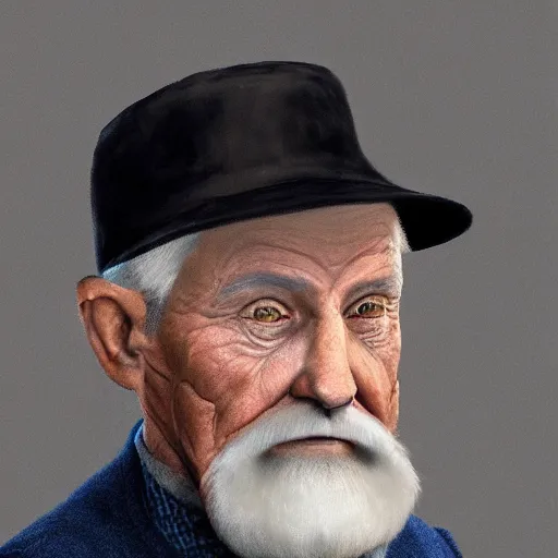 Image similar to realistic renderings of very old man portrait with a hat, astonishing scenes, photorealism