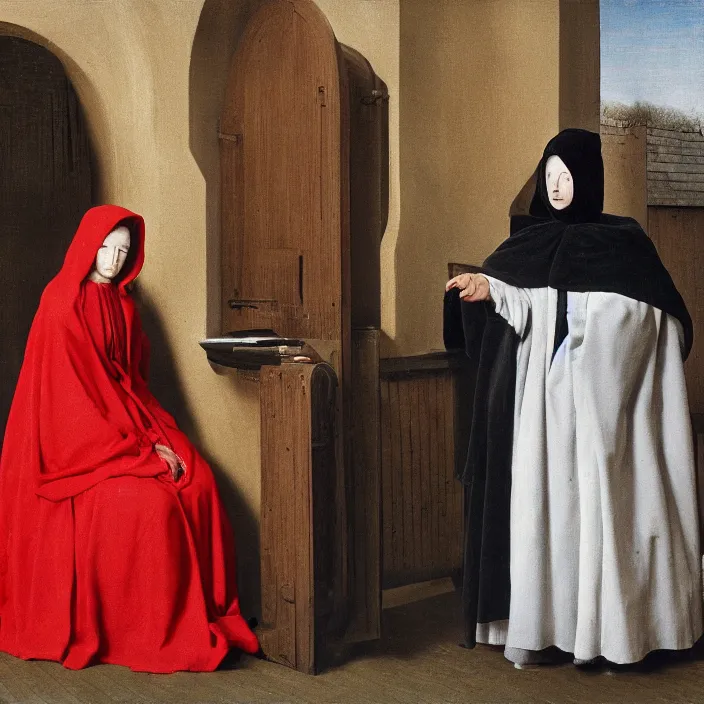 Image similar to a woman in a hooded cloak, in a tesla, color photograph, by jan van eyck, canon eos c 3 0 0, ƒ 1. 8, 3 5 mm, 8 k, medium - format print