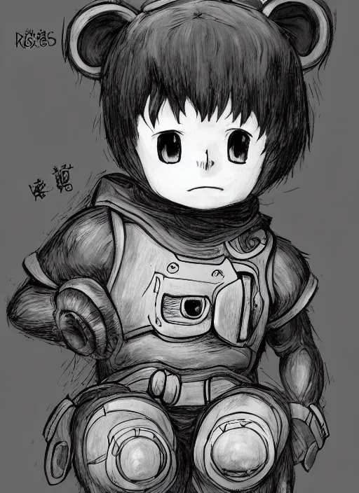 Image similar to beautiful little boy wearing an cyborg bear suit, artwork in kentaro miura and made in abyss and rosdraws, smooth, beautiful lightness, anatomically correct, trending on pixiv, forest