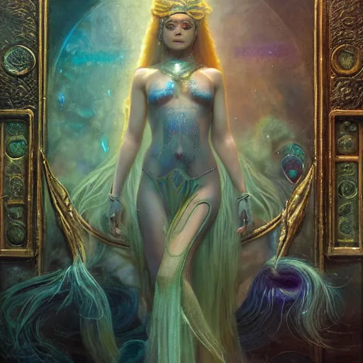 Image similar to techno mystic goddess princess intergalactica, goddess inanna, ashteroth, with aqua neon rapunzel dreadlocks, mami wata, detailed, by gaston bussiere, bayard wu, greg rutkowski, h. r. giger, greg rutkowski, sandro botticelli, masterpiece, sharp focus,