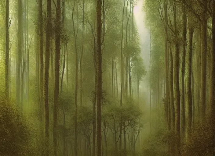 Prompt: A lush, green forest with tall trees and a soft, loamy earth beneath your feet, Zdzislaw Beksinski, high definition, digital art, matte painting, very detailed, realistic