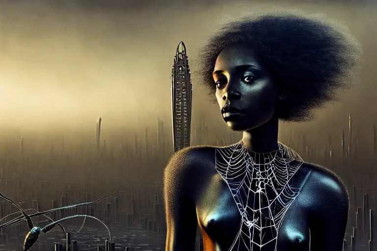 Image similar to realistic detailed photorealistic portrait movie shot of a beautiful black woman with a giant spider, dystopian city landscape background by denis villeneuve, amano, yves tanguy, alphonse mucha, ernst haeckel, david lynch, edward robert hughes, roger dean, cyber necklace, rich moody colours, cyber patterns, wide angle