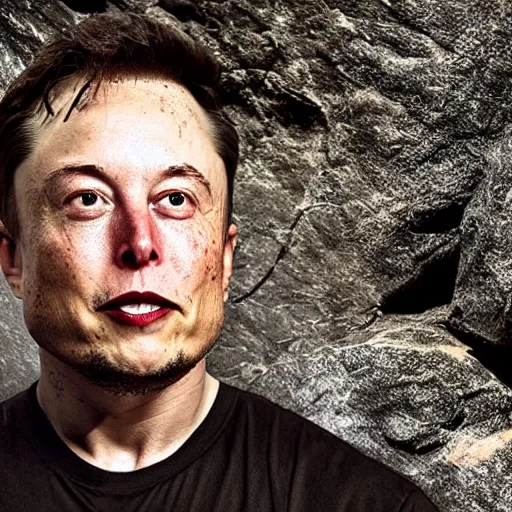 Image similar to photo inside a cavern of a wet reptilian humanoid rapper elon musk partially hidden behind a rock with black eyes open mouth and big teeth