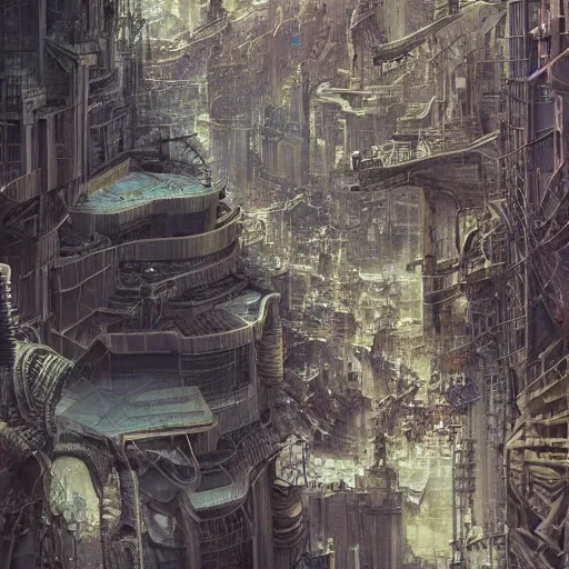 Image similar to annibale siconolfi, valerio arcesi, randie de la cruz, inward 3 d art dystopian future cityscape, intricate detailed futurism futuristic cybernetic neo - landscape, hyperrealism hyperdetailed, art nouveau architecture gothic, infinity inception style, 8 k