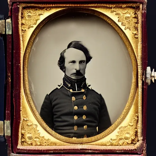 Prompt: A daguerreotype of Robert Llewellyn dressed in 19th century military uniform, regal, refined, highly detailed