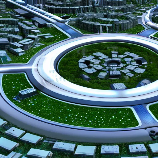 Image similar to a futuristic city located on a space station, the city is white with green lawns and parks. the houses are built in different planes on the huge rings of the station. the city consists of different houses park areas and lakes. in the style of york town from the movie star trek beyond. a cinematographic 7 5 mm shot octane render, 8 k, high resolution