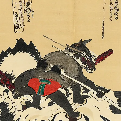 Prompt: wolf fighting samurai in the style of Hokusai
