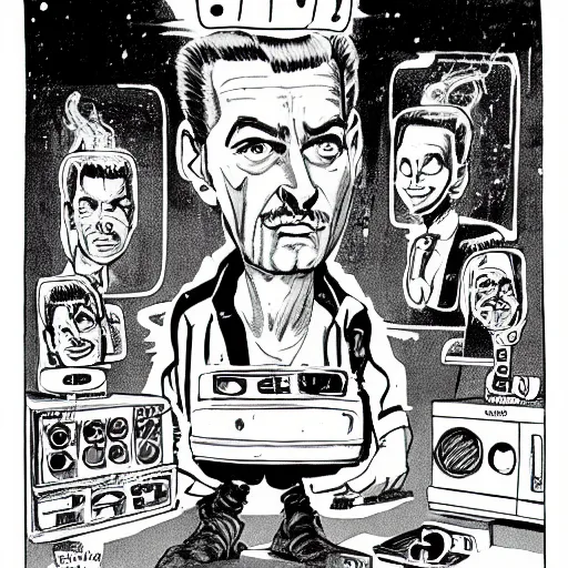 Image similar to ink comic drawing of a subgenius watching an alien on tv in the 1 9 5 0 s smoke sparks lighting trending on artstation