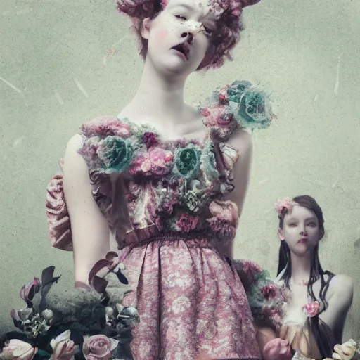 Image similar to 8k, octane render, realism, tonalism, rococo, renaissance, baroque, group of creepy young ladies wearing long harajuku manga dress with flowers and skulls, background chaotic flowers