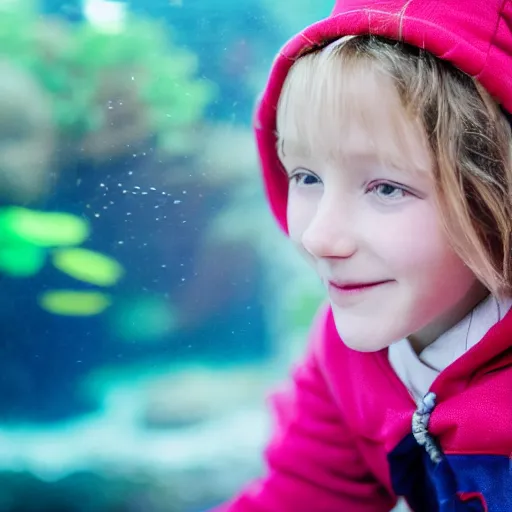 Image similar to closeup portrait of beautiful kid looking through a aquarium fish ball, the kid is in a tent with a lantern, excitement, surprise, happiness, professional photoshoot, kodak portra, photographed in film, soft and detailed, realistic, bokeh