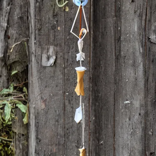 Image similar to This is a sketch of a wind chime made from the pieces of a broken mug. It shows the mug handle as the top piece with strings attached to it, and the bottom pieces of the mug hanging down like little bells, iso 300, f-stop 1.5, Pentax