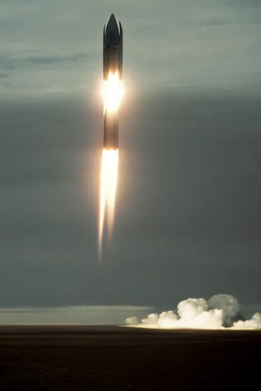 Prompt: A single stage to orbit SSTO rocket, sci-fi, film still from Interstellar, by Christopher Nolan