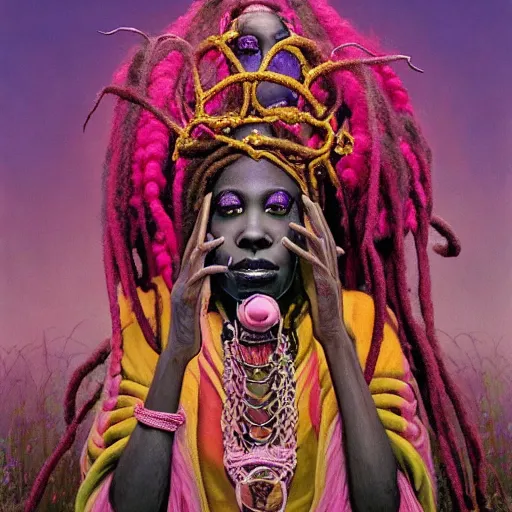 Prompt: a masterpiece wide angle portrait of a regal voodoo priestess with dreadlocks wearing a pink robe near a steampunk stargate in a rose garden with a pink reflective pool, by Zdzislaw Beksinski and greg rutkowski and android jones and thomas kinkade in a surreal portrait style, oil on canvas, 8k, hd,