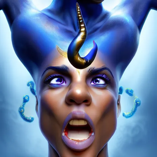 Image similar to all powerful genie, ecstatic, infinite power, manic, perfect eyes, full body shot, magical being, magic, portrait, noble, transformation, vivid colors, elegant, concept art, sharp focus, digital art, Hyper-realistic, 4K, Unreal Engine, Highly Detailed, HD, Dramatic Lighting by Brom, trending on Artstation