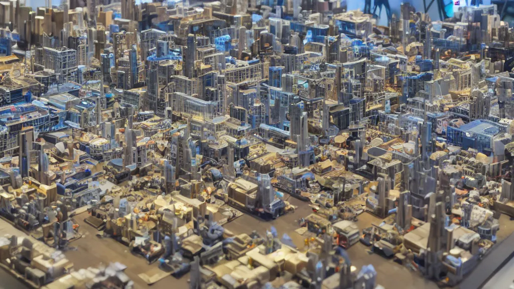 Image similar to crane shot of large group people in open warehouse, looking at hologram of futuristic city on a table, cinematic still, godrays, golden hour, natural sunlight, 4 k, clear details, tabletop model buildings, tabletop model, ethereal hologram center, crane shot, crane shot, rule of thirds, people, people, tabletop