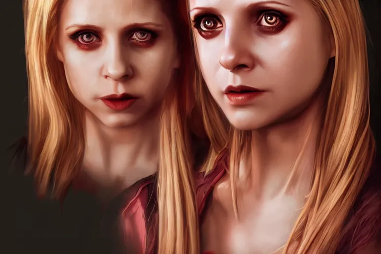 Prompt: Buffy Summers as a vampire, dramatic lighting, hyper-realistic, extremely high detail, trending on artstation