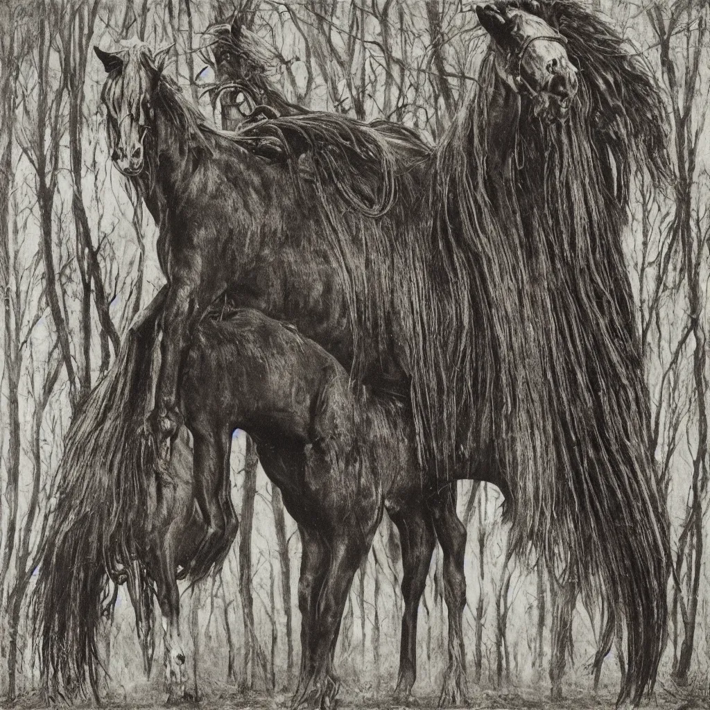 Prompt: giger, h. r. - magnificent forest clydesdale horse