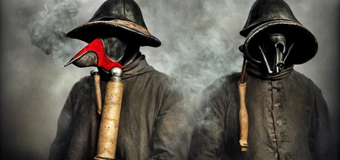 Prompt: smoke,!!! colored photography, wwi a medieval wearing plague doctor plague doctor bone mask over a dug out trench, dramatic light, zdzidaw, ultrafine, hyperrealistic, 3 2 k, 3 5 mm film still, movie