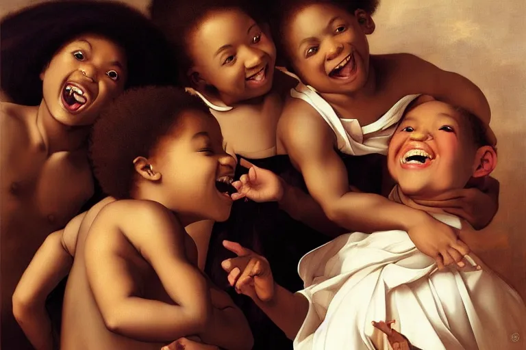 Prompt: carefree black children playing smiling and laughing surrounded, digital renaissance painting by artgerm by caravaggio and face by wlop