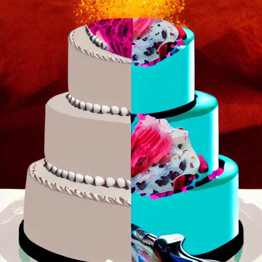 Prompt: wedding horror cake surrealism color knife murder 4K