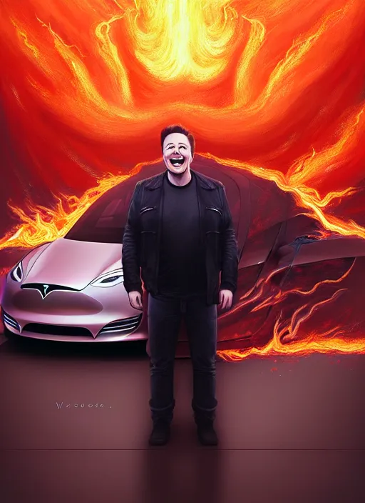 Image similar to portrait of insane elon musk laughing as a tesla runs into a child and bursts into flames, intricate, unholy, fire, highly detailed, digital painting, artstation, concept art, smooth, sharp focus, illustration, art by wlop, mars ravelo and greg rutkowski