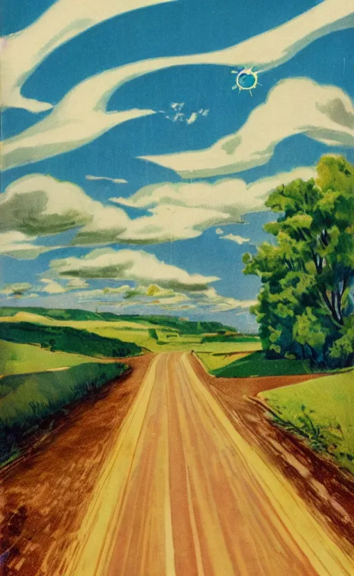 Image similar to paperback book cover. 1 9 5 0 s. pure colors, melting clouds, accurately drawn details, a sunburst above a receding road with the light reflected in furrows and ruts, after rain. and no girls.