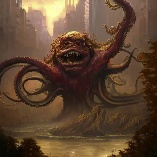 Prompt: bob ross monster with disgusting tentacles, destroying a cityscape, 8 k, highly detailed, digital painting, unreal engine tech demo, vivid colors, artstation, art by artgerm and greg rutkowski and alphonse mucha