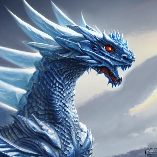 Image similar to a Blue eyed white dragon, epic background by Keith Thompson and Christopher Bretz, highly detailed, digital painting, HDRI, vivid colors, high contrast, 8k resolution, intricate, photorealistic, smooth