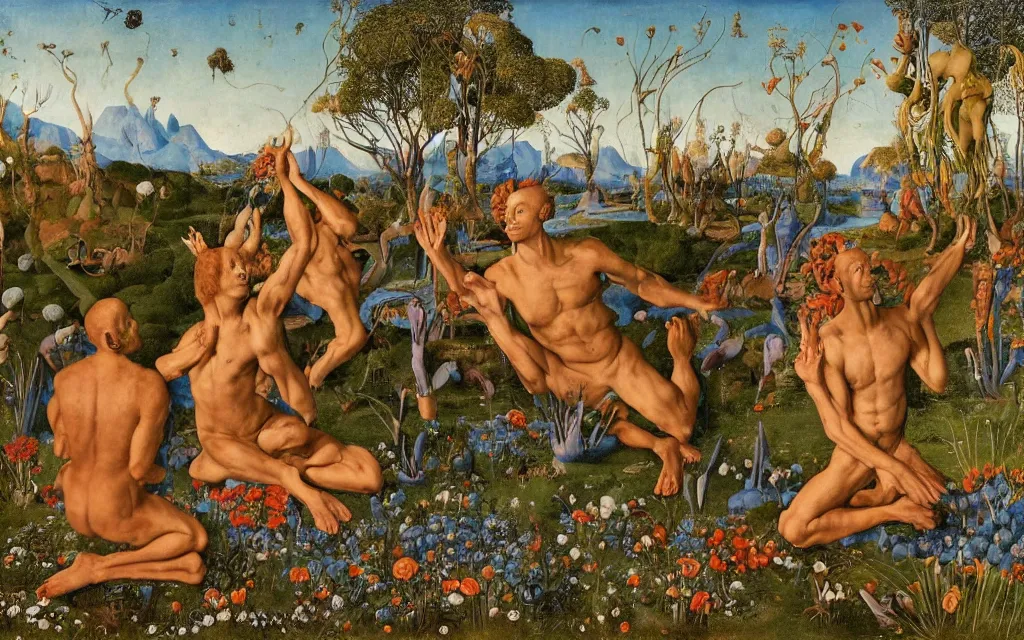 Image similar to a portrait photograph of a meditating satyr and a centaur monk riding a rocket machine and hunting at a river delta. surrounded by bulbous flowers and trees. mountain range under a blue sky of fiery stars. by jan van eyck, max ernst, ernst haeckel, ernst fuchs and artgerm, cgsociety, fashion editorial, 8 k