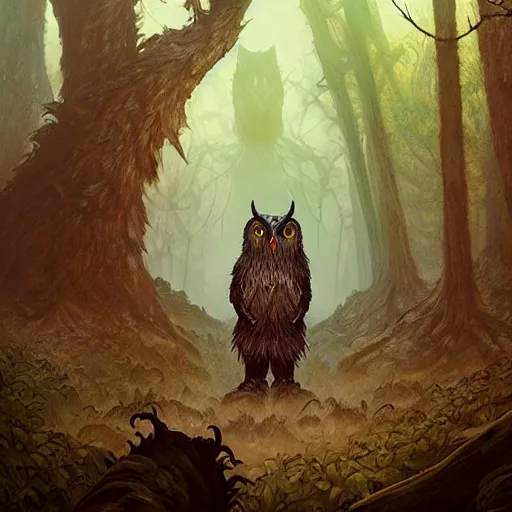 Image similar to owlbear in the forest, d & d, fantasy, greg rutkowski, frank frazetta, alexandre chaudret, boris vallejo, michael whelan, miro petrov, hr giger, magali villeneuve, donato giancola