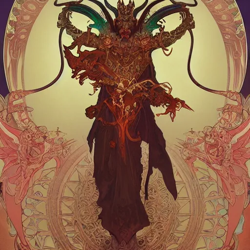 Image similar to beautiful baphomet king, left hand up, right hand down, ad above so below, with wings and tentacles worshiping, artstation by alphonso mucha and jean giraud and craig mullins and ian mccaig and feng zhu and peter mohrbacher