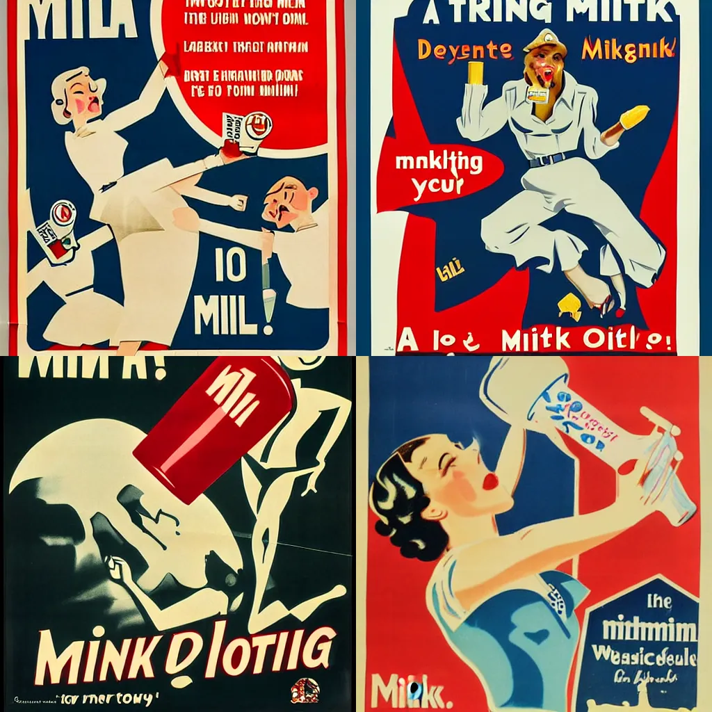 Prompt: a 1940s propaganda poster about drinking milk with dancing skeletons.